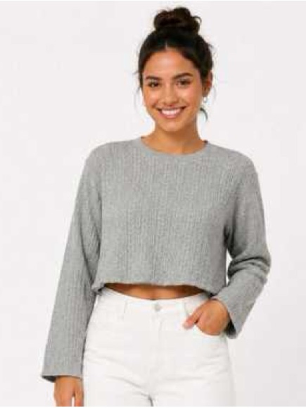 Zara Gray Cropped Ribbed Sweatshirt cable knit Cozy Sweater Soft Comfy Large